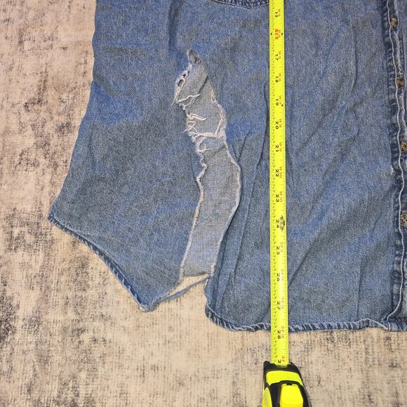 Boho Jane Denim Shirt Womens Large Blue Distressed Blame My Gypsy Soul Patch - Picture 8 of 10